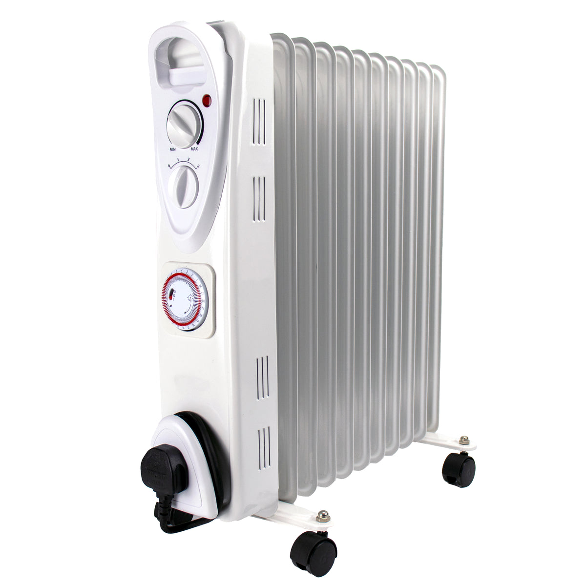 A 9 panel oil radiator heater with a white plastic front housing, silver metal vertical fins, and black caster wheels, shown on a plain white background.