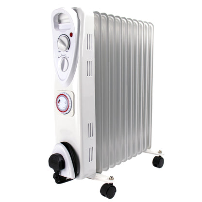 A 9 panel oil radiator heater with a white plastic front housing, silver metal vertical fins, and black caster wheels, shown on a plain white background.