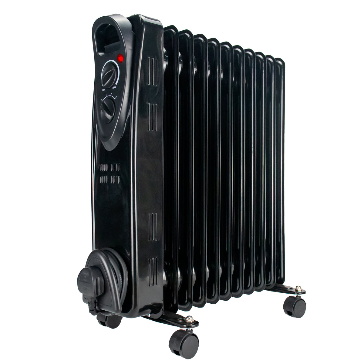 Black 11-panel oil radiator heater with a control panel, power switch, and caster wheels, shown on a white background.