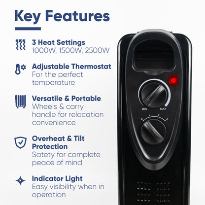 A black countertop electric heater shown on a white background with blue feature callouts reading 'Key Features,' including 3 heat settings, adjustable thermostat, portable wheels, overheat protection, and an indicator light.
