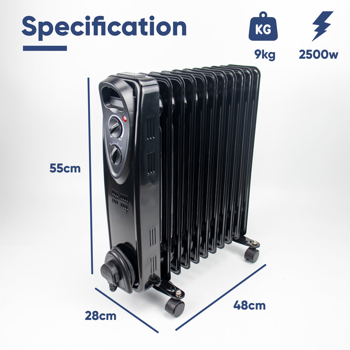 Black 10-panel oil radiator heater with dimension annotations showing 55cm height, 28cm width, and 48cm depth, along with weight 9kg and power 2500w specifications on a white background.
