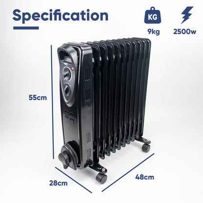 Black 10-panel oil radiator heater with dimension annotations showing 55cm height, 28cm width, and 48cm depth, along with weight 9kg and power 2500w specifications on a white background.