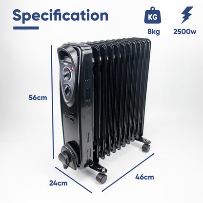 Black 11-panel oil radiator heater with dimension annotations showing 55cm height, 28cm width, and 48cm depth, along with weight 9kg and power 2500w specifications on a white background.