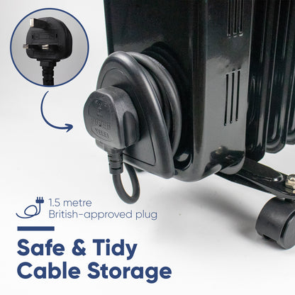 Close-up of a black cable storage sleeve holding a coiled black power cord, with a circular inset showing a British-approved plug and text reading 'Safe & Tidy Cable Storage' and '1.5 metre British-approved plug'.