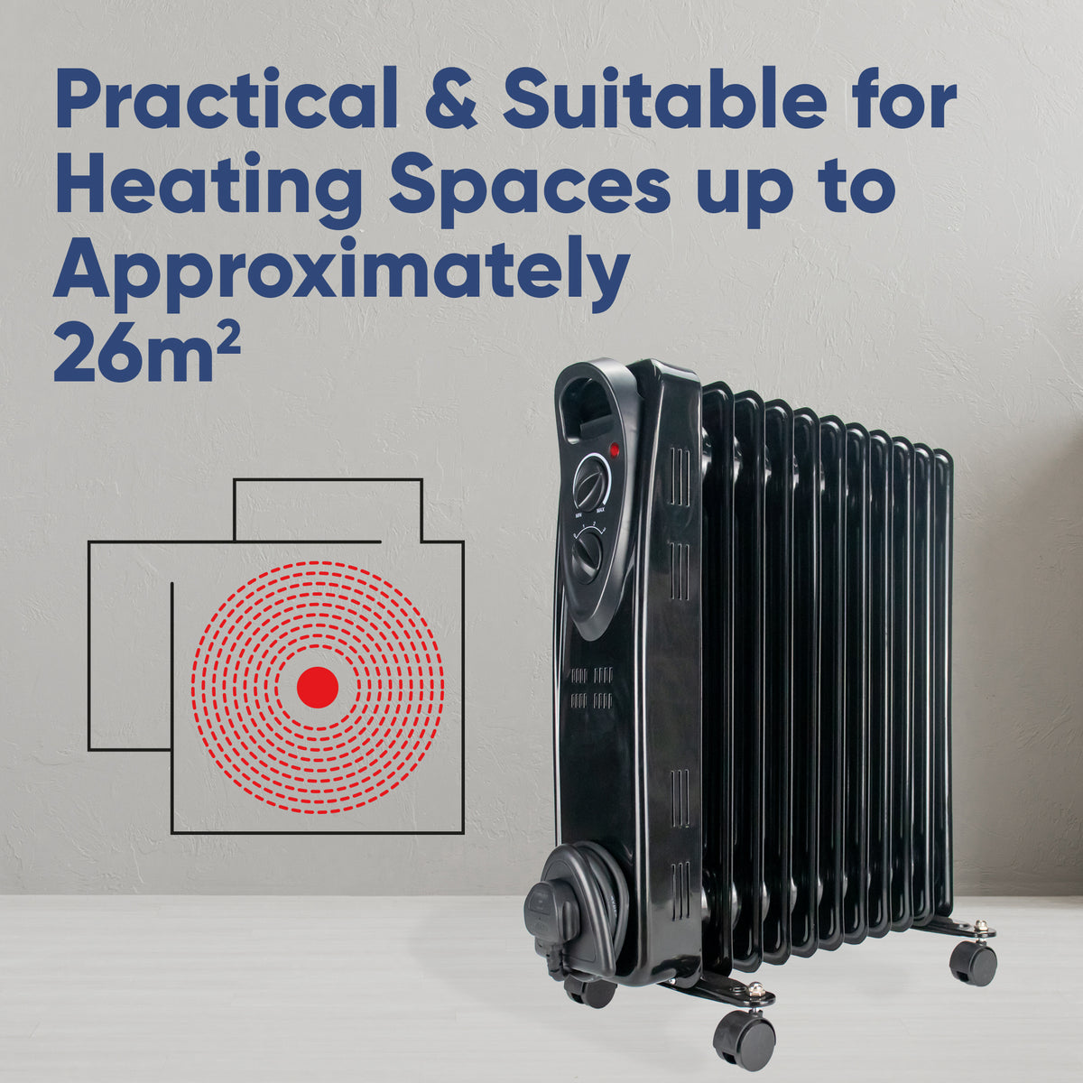 Black 11-panel oil radiator heater with wheels, shown next to a red heat distribution diagram and text stating 'Practical & Suitable for Heating Spaces up to Approximately 26m²' against a light gray wall.
