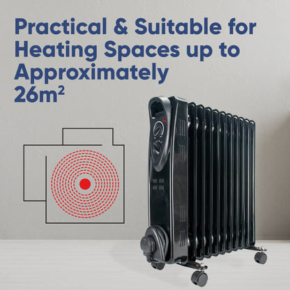 Black 11-panel oil radiator heater with wheels, shown next to a red heat distribution diagram and text stating 'Practical & Suitable for Heating Spaces up to Approximately 26m²' against a light gray wall.