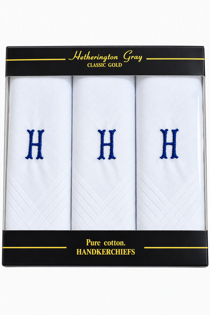 Men’s 100% Cotton Handkerchiefs – Box of 3 – White with Navy Initial