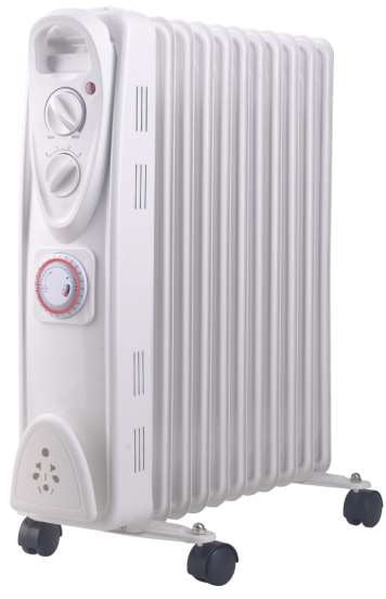 A white 9 panel oil radiator heater with a wheeled base, featuring a front control panel with two rotary dials and a temperature dial.