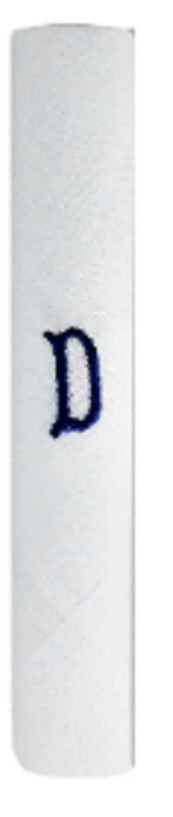 Men’s white cotton handkerchief with navy embroidered initial D