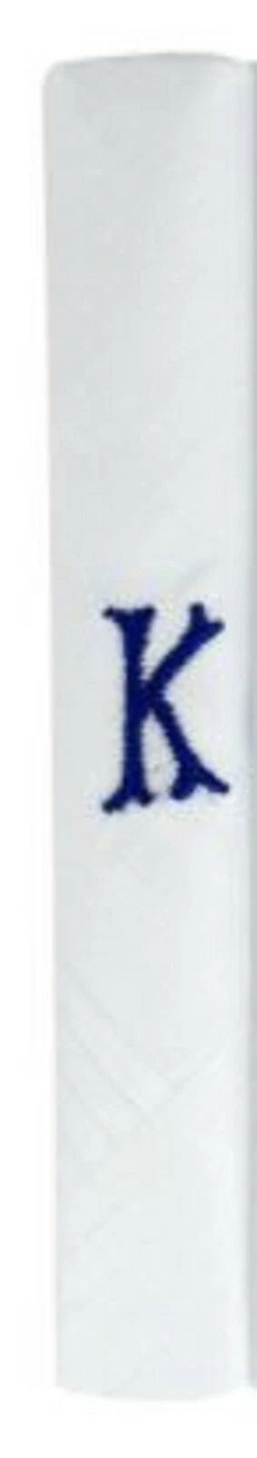 Men’s white cotton handkerchief with navy embroidered initial K