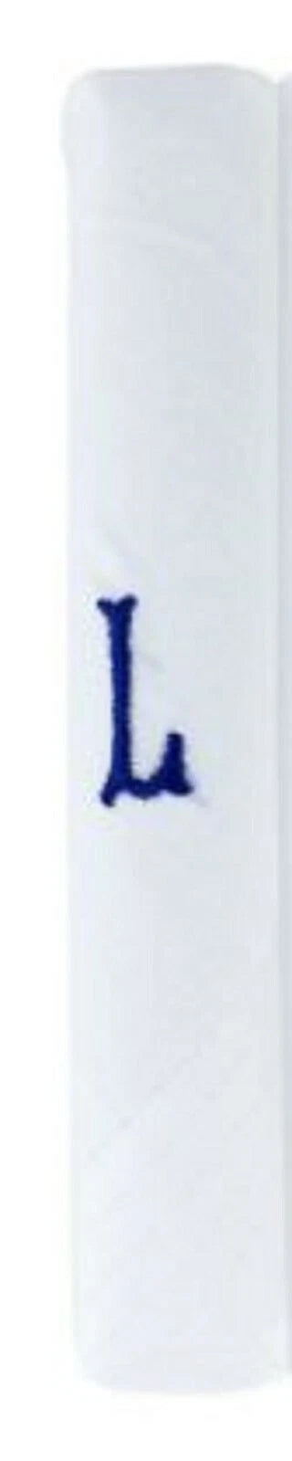 Men’s white cotton handkerchief with navy embroidered initial L