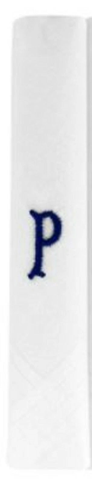 Men’s white cotton handkerchief with navy embroidered initial P