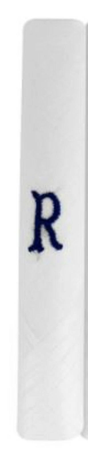 Men’s white cotton handkerchief with navy embroidered initial R