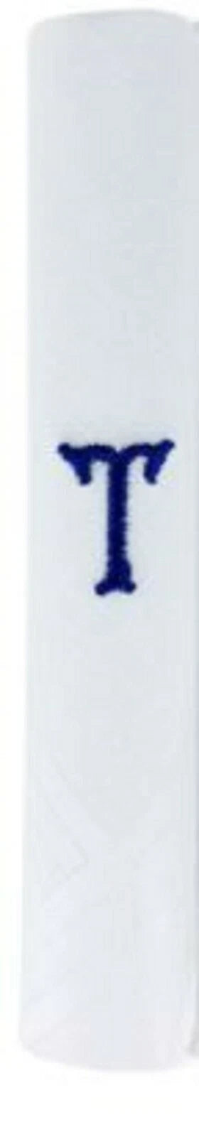 Men’s white cotton handkerchief with navy embroidered initial T