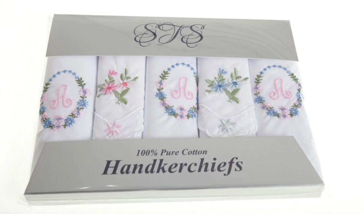 Ladies’ cotton handkerchiefs with initial and floral embroidery – pack of 5 gift boxed