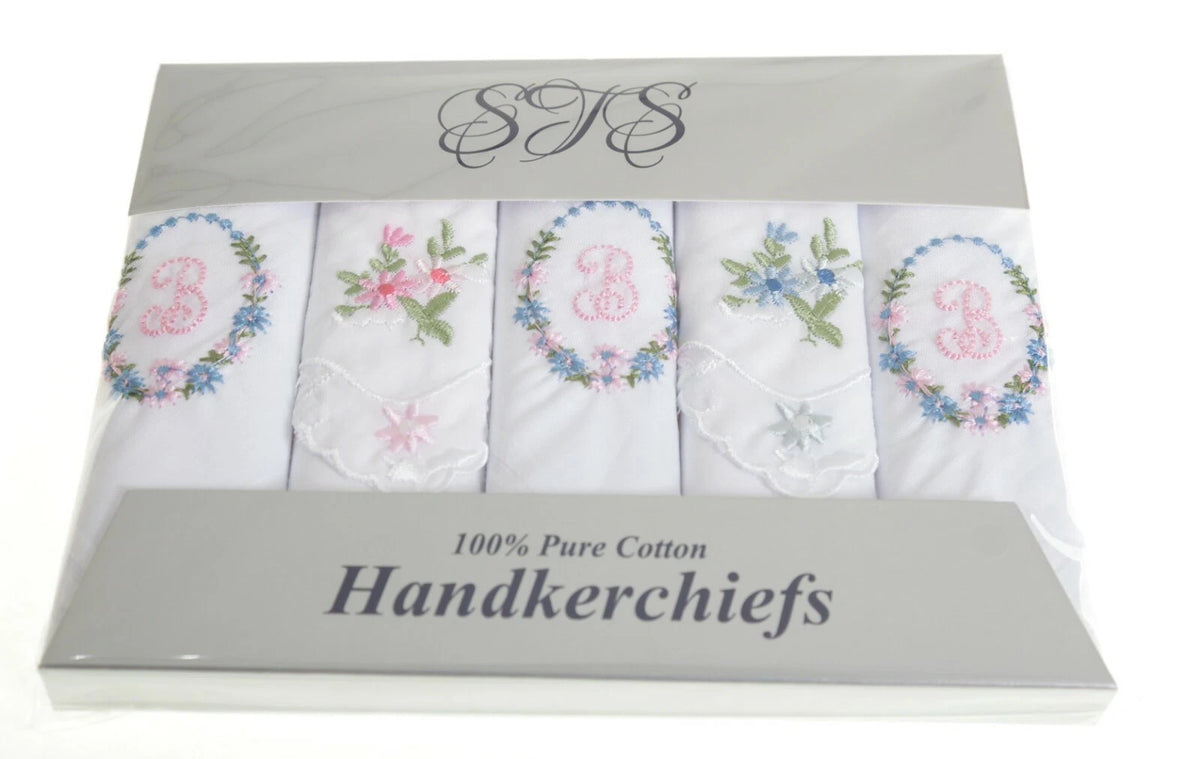 Ladies’ cotton handkerchiefs with initial and floral embroidery – pack of 5 gift boxed