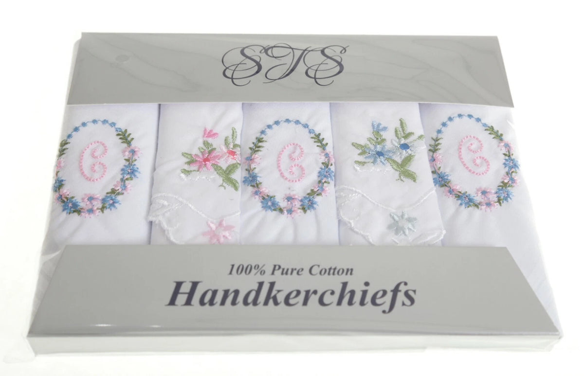 Ladies’ cotton handkerchiefs with initial and floral embroidery – pack of 5 gift boxed
