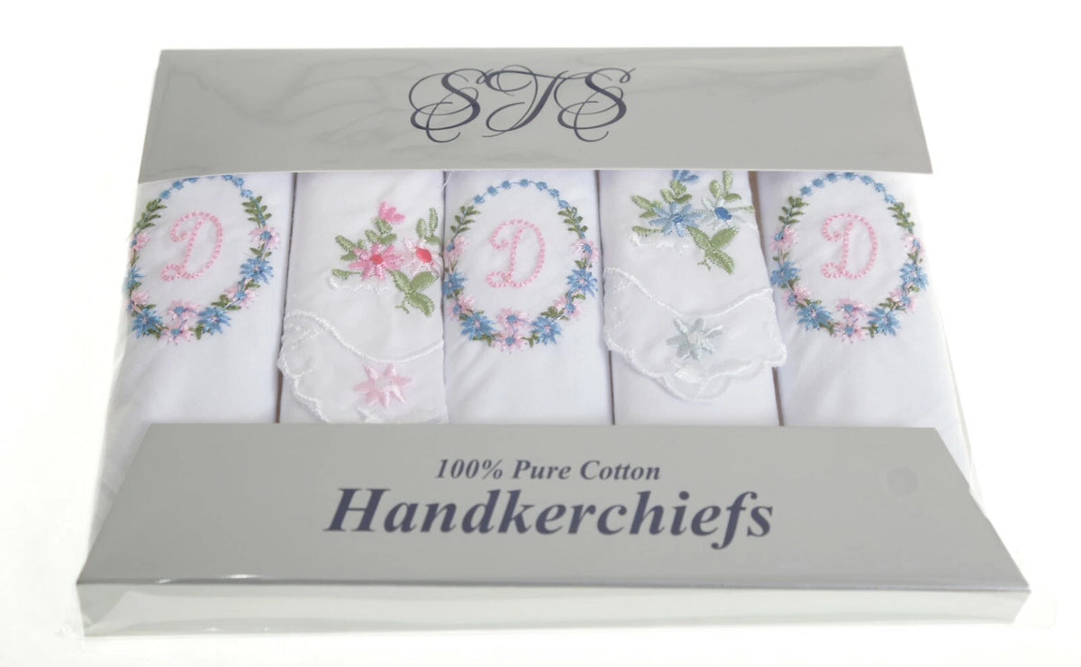 Ladies’ cotton handkerchiefs with initial and floral embroidery – pack of 5 gift boxed