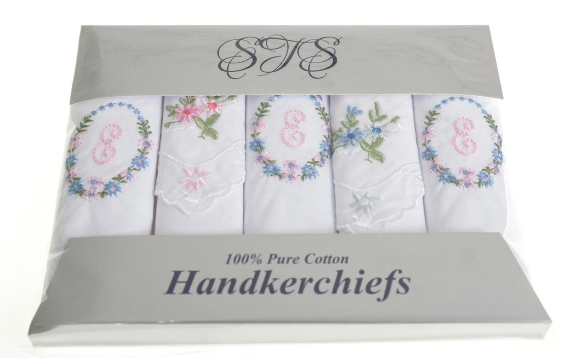 Ladies’ cotton handkerchiefs with initial and floral embroidery – pack of 5 gift boxed.  Initial  E