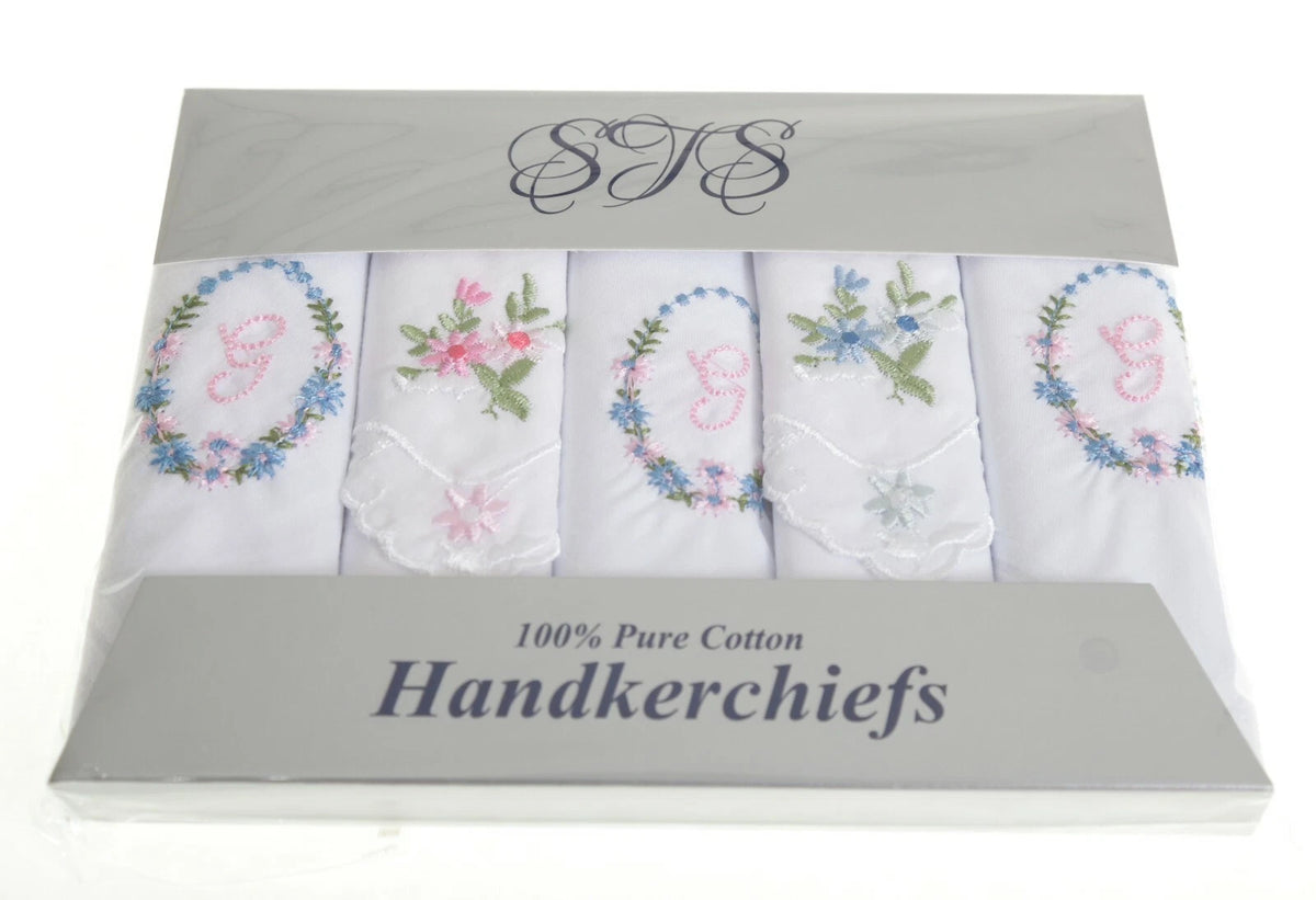 Ladies’ cotton handkerchiefs with initial and floral embroidery – pack of 5 gift boxed.  Initial  G