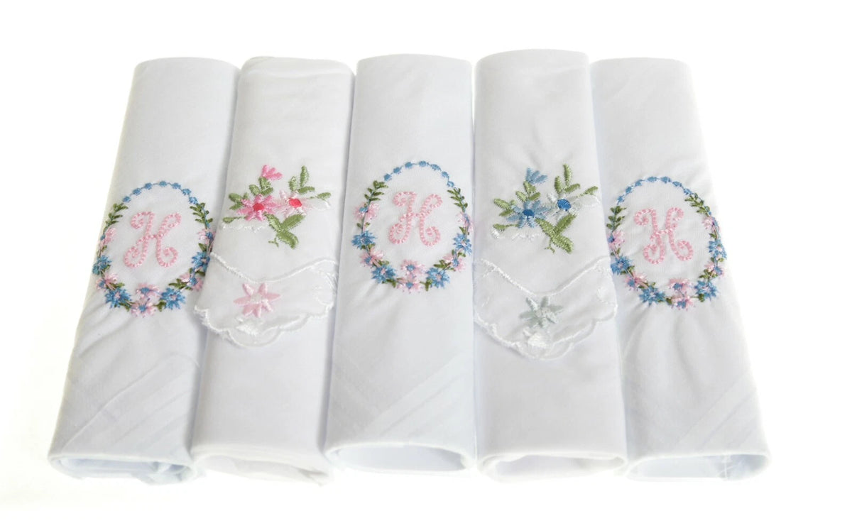 LadIes’ cotton handkerchiefs with initial and floral embroidery – pack of 5 gift boxed.  Initial  H