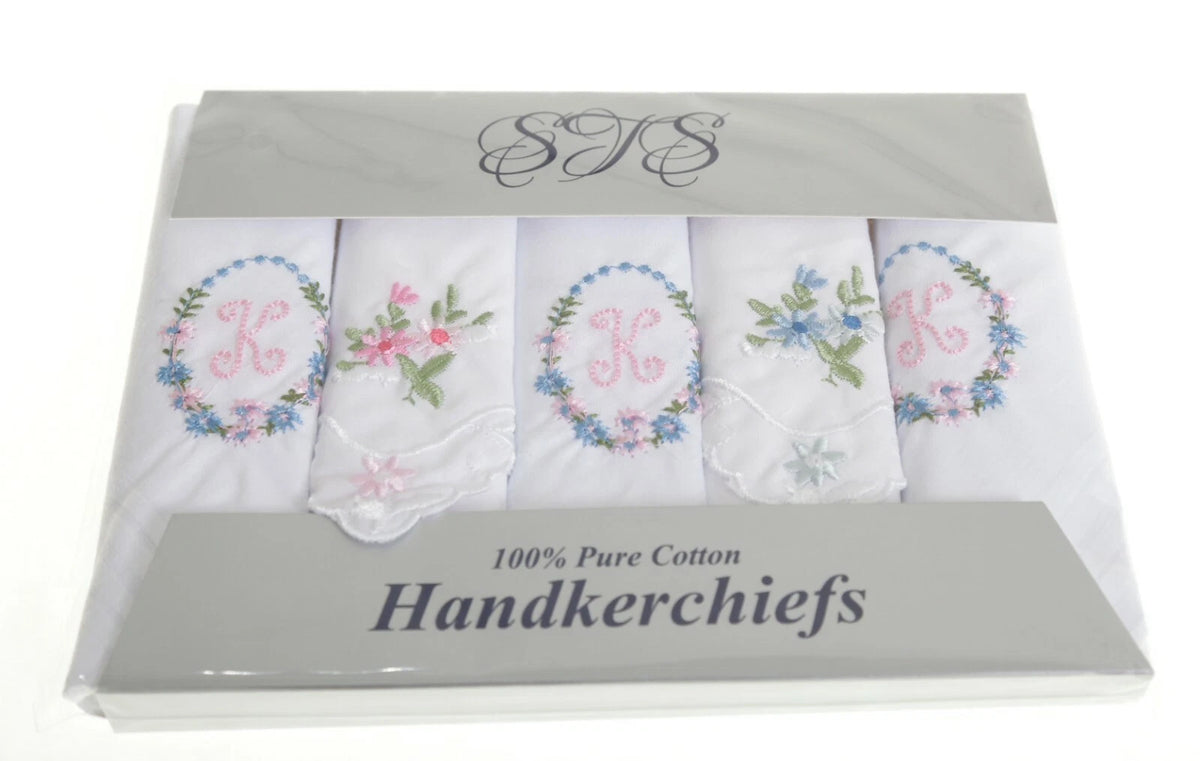 Ladies 100% Cotton Handkerchiefs – Pack of 5 – Initial & Floral Embroidery (Gift Boxed)