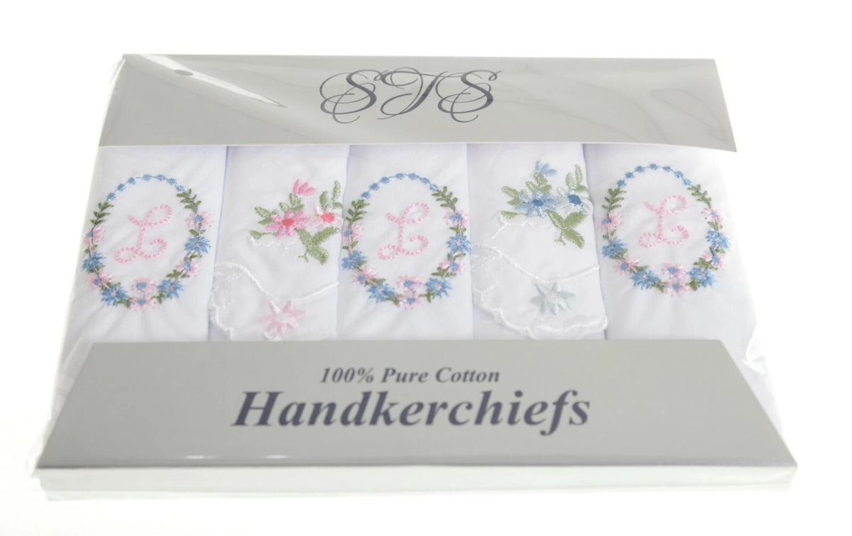 Ladies’ cotton handkerchiefs with initial and floral embroidery – pack of 5 gift boxed.  Initial  L