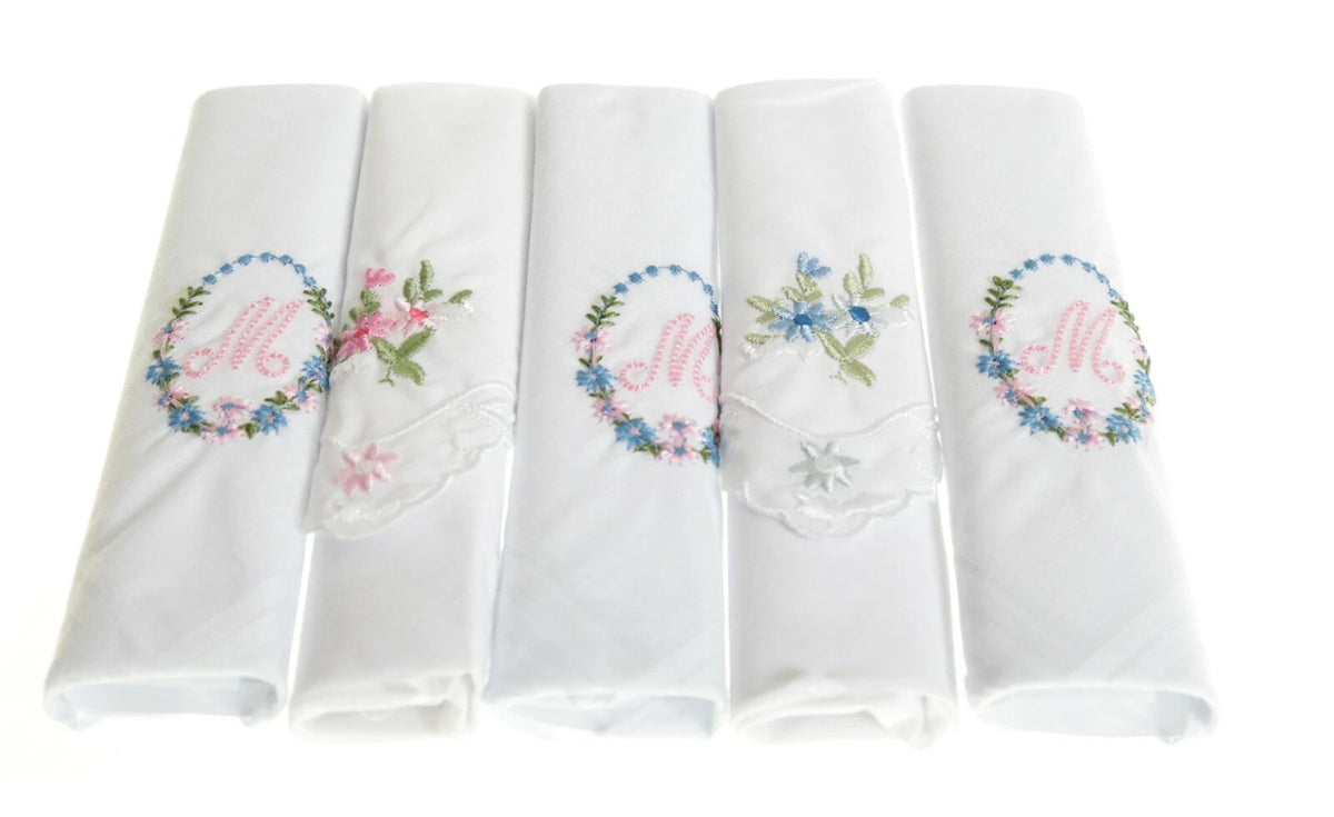Ladies’ cotton handkerchiefs with initial and floral embroidery – pack of 5 gift boxed.  Initial  M