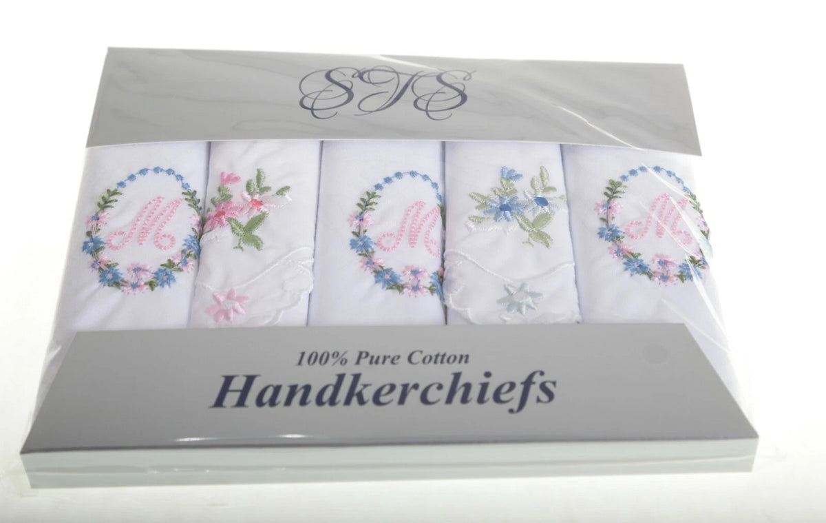 Ladies’ cotton handkerchiefs with initial and floral embroidery – pack of 5 gift boxed.  Initial  M