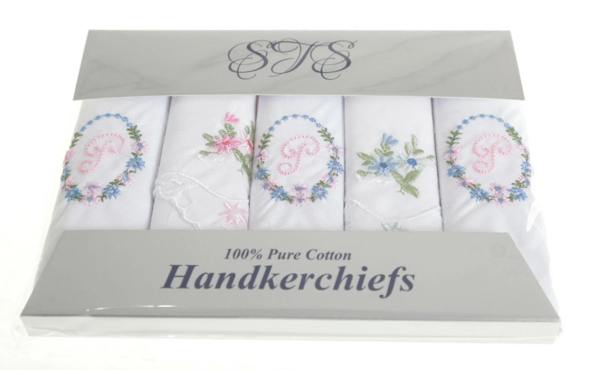 Ladies’ cotton handkerchiefs with initial and floral embroidery – pack of 5 gift boxed.  Initial  P