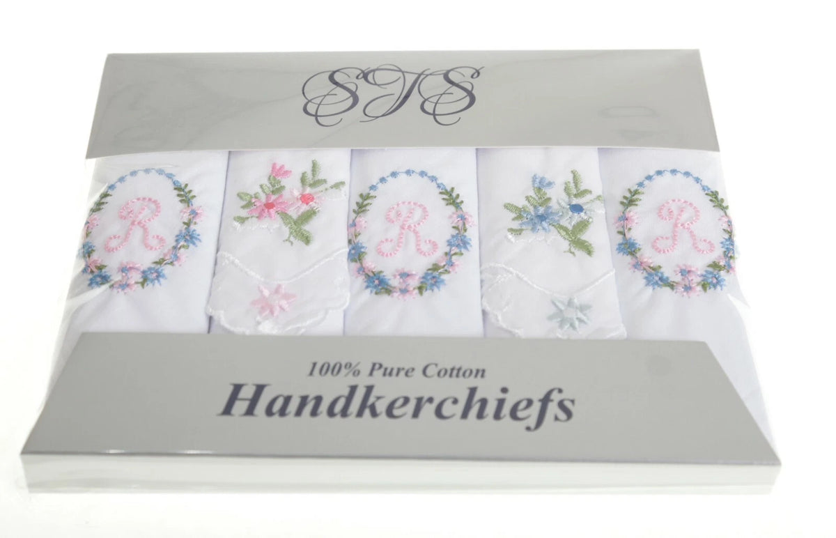 Ladies’ cotton handkerchiefs with initial and floral embroidery – pack of 5 gift boxed.  Initial  R