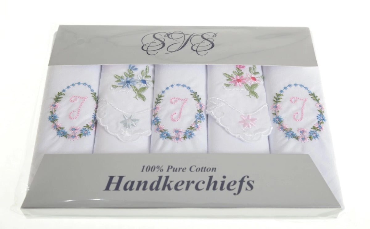 Ladies’ cotton handkerchiefs with initial and floral embroidery – pack of 5 gift boxed.  Initial  T