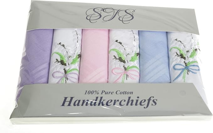 Pack of 6 ladies’ cotton handkerchiefs — plain colours and embroidered floral designs, gift boxed