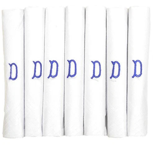White 100% Cotton Handkerchief – Pack of 7, Navy Embroidered Initial – Choose Your Letter