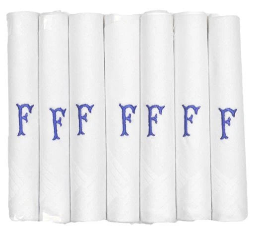 White 100% Cotton Handkerchief – Pack of 7, Navy Embroidered Initial – Choose Your Letter