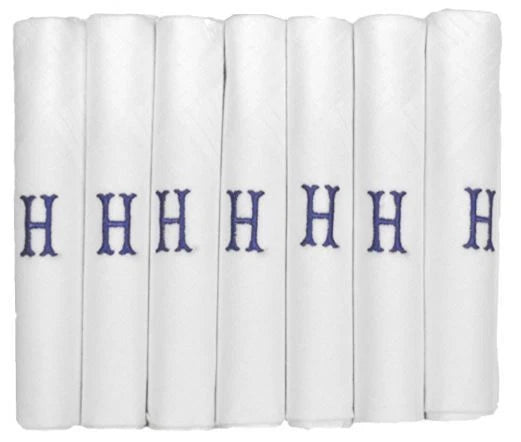 White 100% Cotton Handkerchief – Pack of 7, Navy Embroidered Initial – Choose Your Letter