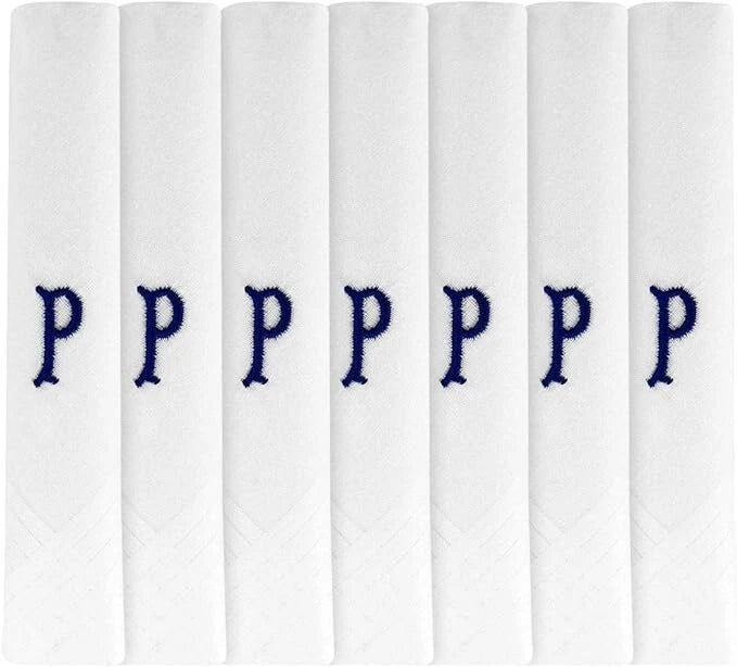 White 100% Cotton Handkerchief – Pack of 7, Navy Embroidered Initial – Choose Your Letter