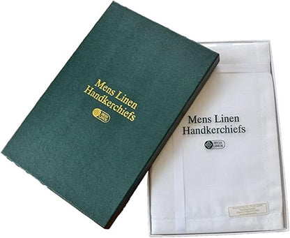 A dark green fabric-covered book-style cover with gold text reading 'Mens Linen Handkerchiefs' placed over a white handkerchief in a clear plastic sleeve on a white background.