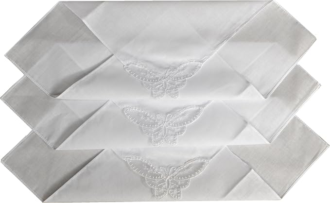 Ladies 100% Cotton White Handkerchiefs – Box of 3 – Lace Butterfly Corner Design