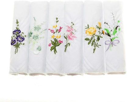 Ladies 100% Cotton Handkerchiefs – Box of 6 – Colour Embroidered Floral Designs