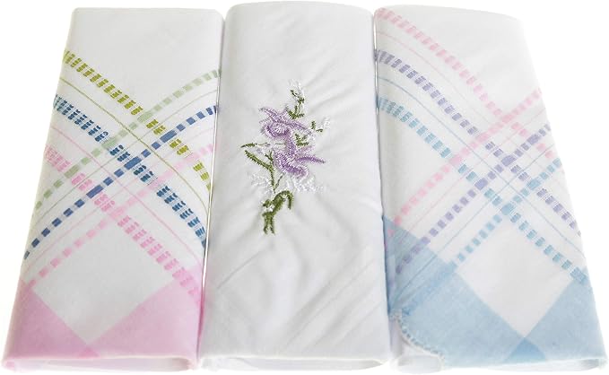 Ladies 100% Cotton Handkerchiefs – Pack of 3 – Floral Embroidery & Colour Stitching