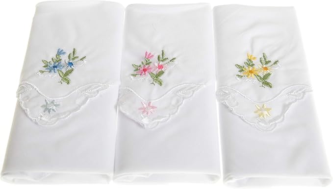 Ladies 100% Cotton Handkerchiefs – Pack of 3 – White with Colour Floral Embroidery