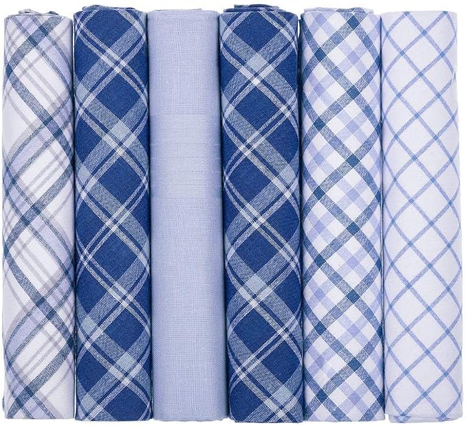 Six rolled fabric handkerchiefs or pocket squares arranged side by side, featuring various plaid and checkered patterns in shades of blue, navy, and white.