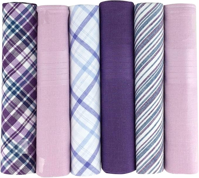 Six rolled cotton handkerchiefs in pastel and patterned colors, including plaid and stripe designs, arranged side by side on a white background.