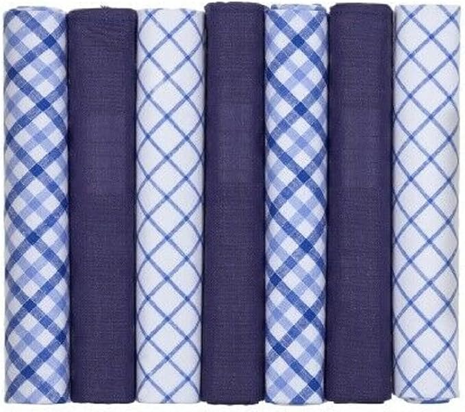 Seven hankies arranged vertically in a row, alternating between solid navy blue and blue-and-white gingham patterns.