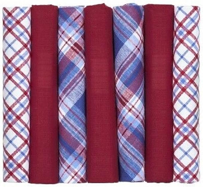 Six hankies arranged vertically, alternating between solid deep red and plaid patterns in red, blue, and white.