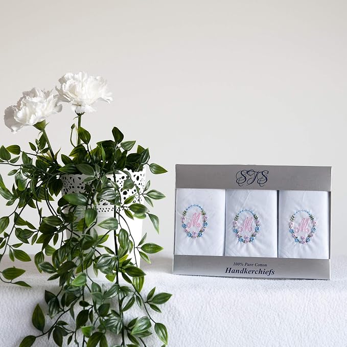 Ladies’ white cotton handkerchiefs with floral wreath initial embroidery – pack of 3 gift boxed Initial M