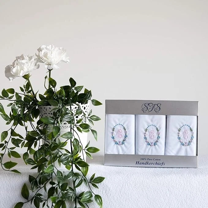 Ladies’ white cotton handkerchiefs with floral wreath initial embroidery – pack of 3 gift boxed Initial C