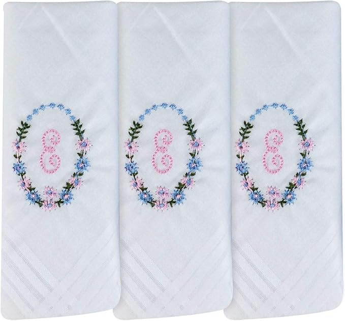Ladies’ white cotton handkerchiefs with floral wreath initial embroidery – pack of 3 gift boxed Initial E