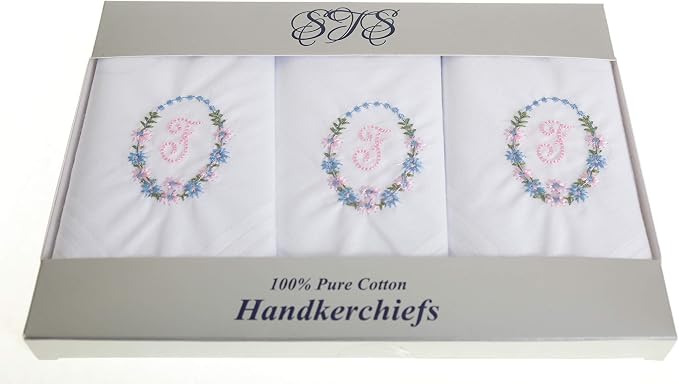 Ladies’ white cotton handkerchiefs with floral wreath initial embroidery – pack of 3 gift boxed Initial F